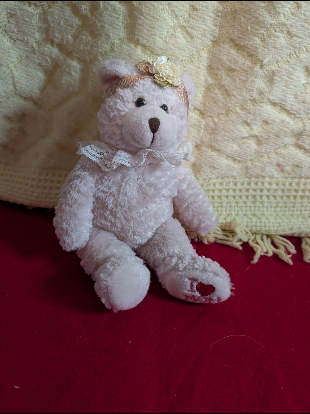 Plush Pale Pink Teddy Bear with Lace Collar